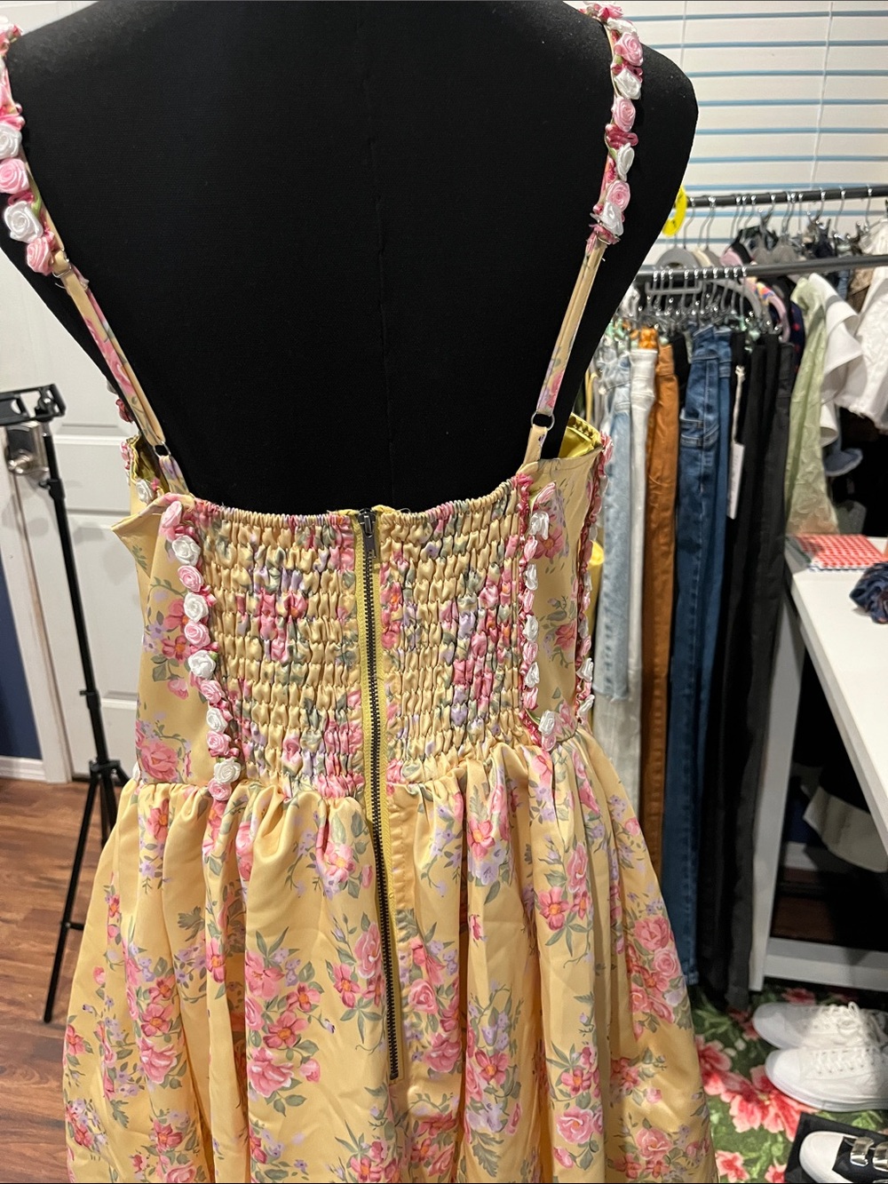 NWOT Sugar Thrillz Yellow Floral Mini Dress with Rosettes Trim - Picture 4 of 4